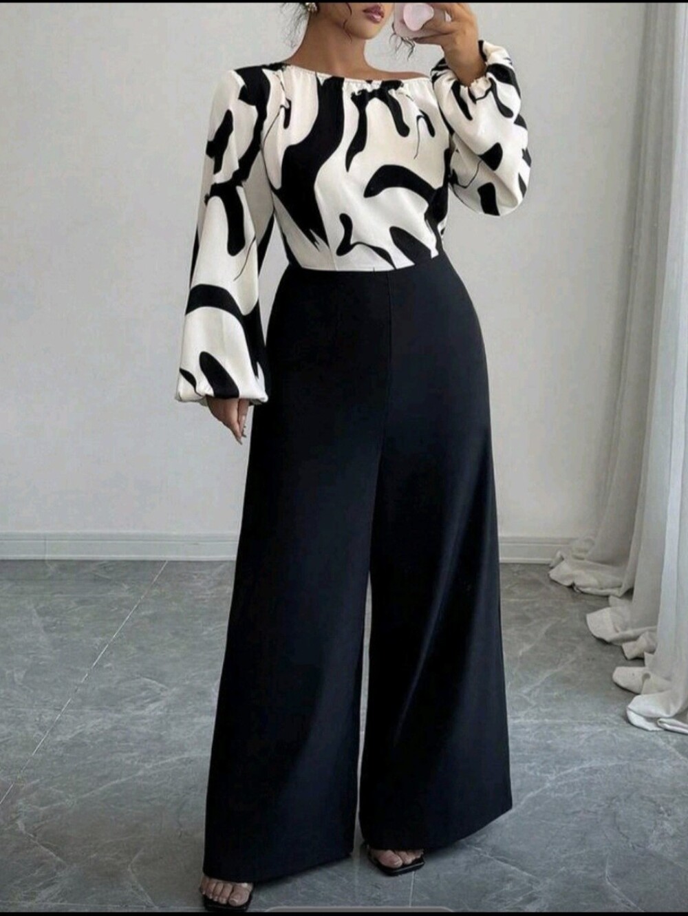 Elegant Black Wide-Leg Jumpsuit with Black & White Print Top